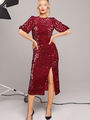 Love & Roses Berry Red Short Sleeve Empire Velvet Sequin Midi Dress - Image 1 of 4