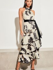 Lipsy Black/White Print Print Halter Tie Waist Tiered Midi Dress - Image 1 of 4