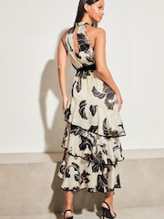 Lipsy Black/White Print Print Halter Tie Waist Tiered Midi Dress - Image 2 of 4