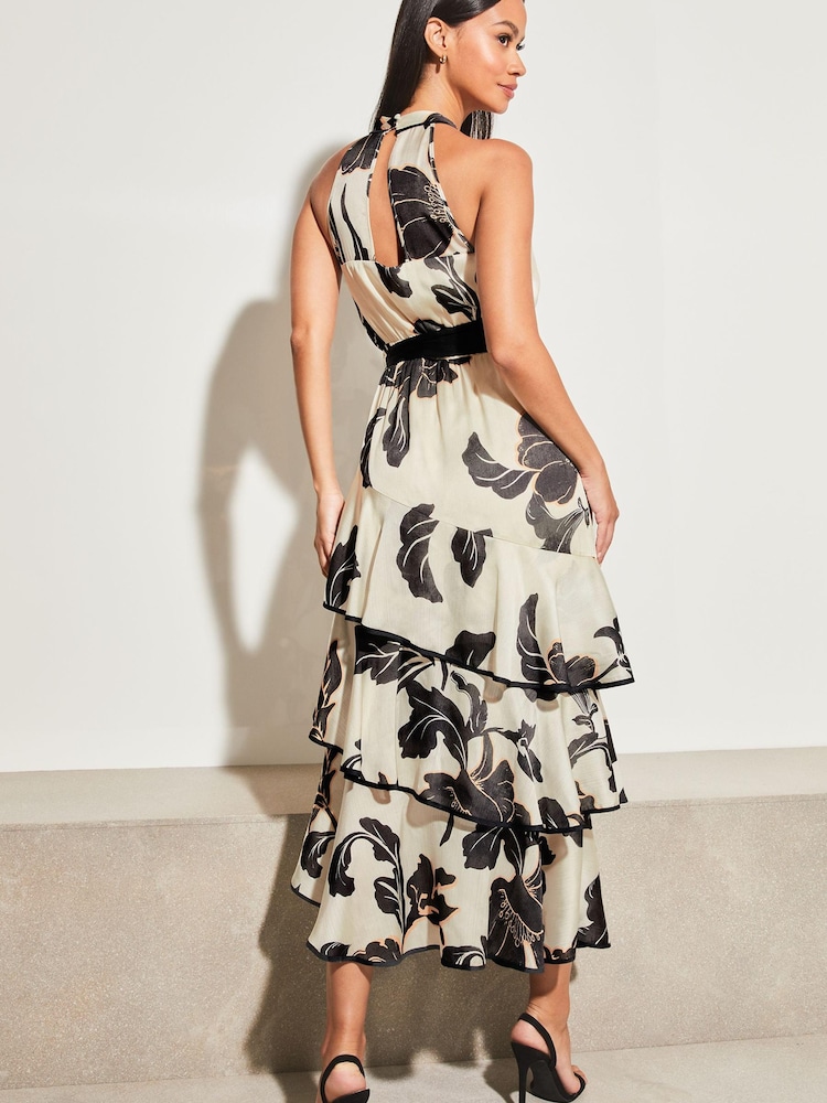 Lipsy Black/White Print Print Halter Tie Waist Tiered Midi Dress - Image 2 of 4 Lipsy Black/White Print Print Halter Tie Waist Tiered Midi Dress - Image 2 of 4