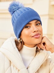Lipsy Blue Super Soft Ribbed Bobble Hat - Image 1 of 4