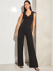 Lipsy Black Eyelash Lace Short Sleeve Corset Wide Leg Jumpsuit - Image 1 of 4
