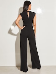 Lipsy Black Eyelash Lace Short Sleeve Corset Wide Leg Jumpsuit - Image 2 of 4