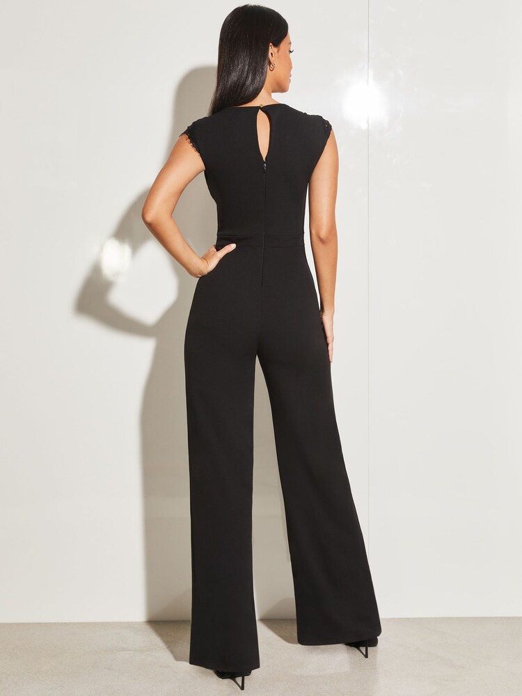 Lipsy Black Eyelash Lace Short Sleeve Corset Wide Leg Jumpsuit - Image 2 of 4