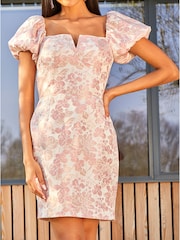 Chi Chi London Pink & White Puff Sleeve Jacquard Bodycon Dress - Image 4 of 5
