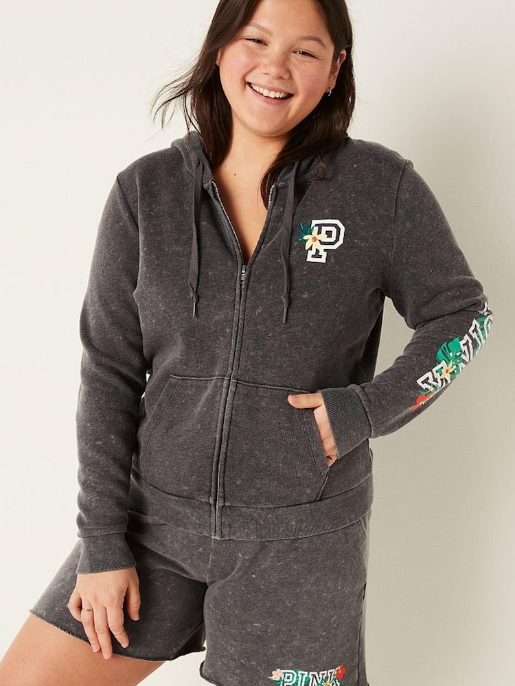 Victoria's Secret PINK Pure Black Wash Tropical Logo Everyday Lounge Perfect FullZip Jacket - Image 1 of 4
