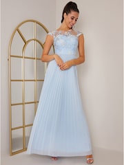 Chi Chi London Light Blue Cap Sleeved Embroidered Bodice Maxi Dress - Image 1 of 5