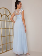 Chi Chi London Light Blue Cap Sleeved Embroidered Bodice Maxi Dress - Image 2 of 5