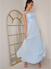 Chi Chi London Light Blue Cap Sleeved Embroidered Bodice Maxi Dress - Image 3 of 5