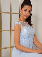 Chi Chi London Light Blue Cap Sleeved Embroidered Bodice Maxi Dress - Image 4 of 5