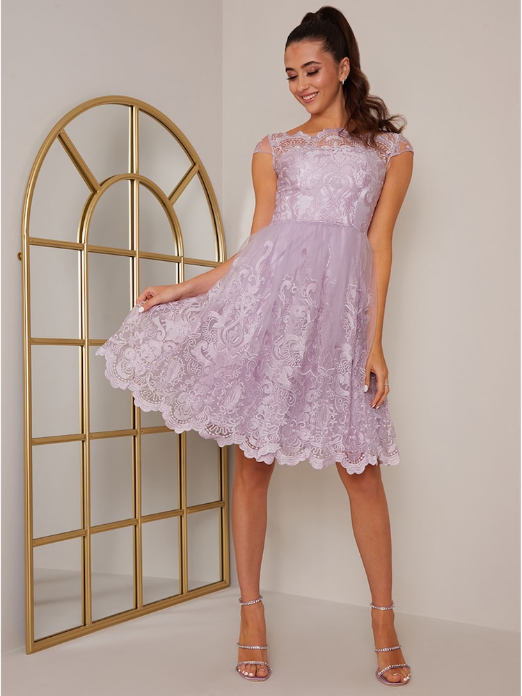 Chi Chi London Purple Cap Sleeved Embroidered Scallop Hem Midi Dress - Image 1 of 5 Chi Chi London Purple Cap Sleeved Embroidered Scallop Hem Midi Dress - Image 1 of 5