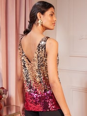 Love & Roses Gold and Pink V Neck V Back Woven Vest - Image 2 of 4
