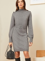 Love & Roses Grey Cable Knit Button Shoulder Belted Knitted Mini Dress - Image 1 of 4
