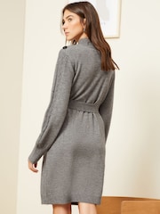 Love & Roses Grey Cable Knit Button Shoulder Belted Knitted Mini Dress - Image 3 of 4