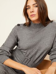 Love & Roses Grey Cable Knit Button Shoulder Belted Knitted Mini Dress - Image 4 of 4