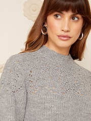 Love & Roses Grey Pointelle Yoke High Neck Knitted Mini Dress - Image 2 of 4