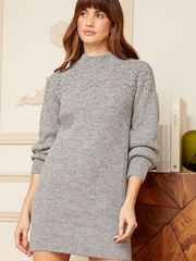 Love & Roses Grey Pointelle Yoke High Neck Knitted Mini Dress - Image 4 of 4
