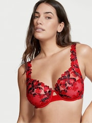 Victoria's Secret Plaid Red Floral Embroidered Lace Unlined Demi Bra - Image 1 of 2