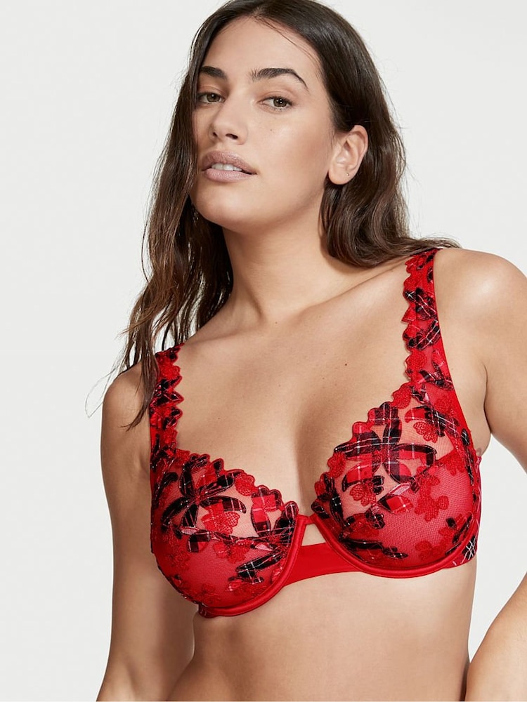 Victoria's Secret Plaid Red Floral Embroidered Lace Unlined Demi Bra - Image 1 of 2