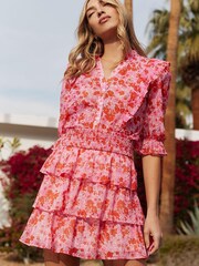 Lipsy Pink Floral Tiered Mini Skirt - Image 1 of 4