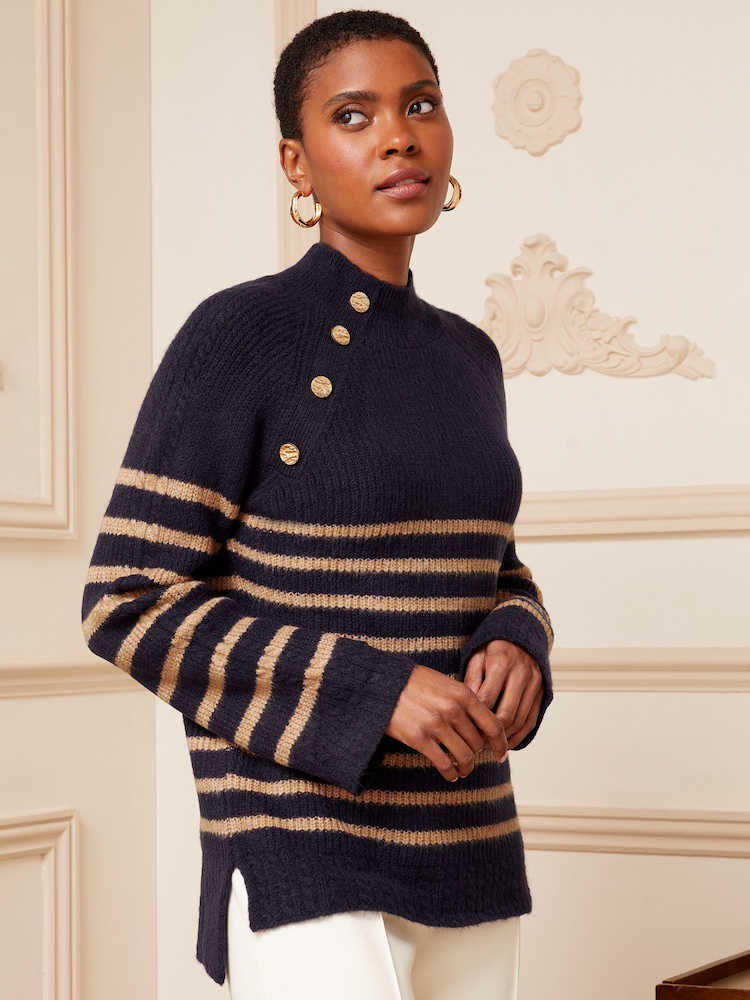 Love & Roses Navy & Camel Stripe Button Detail High Neck Knitted Jumper - Image 2 of 5 Love & Roses Navy & Camel Stripe Button Detail High Neck Knitted Jumper - Image 2 of 5