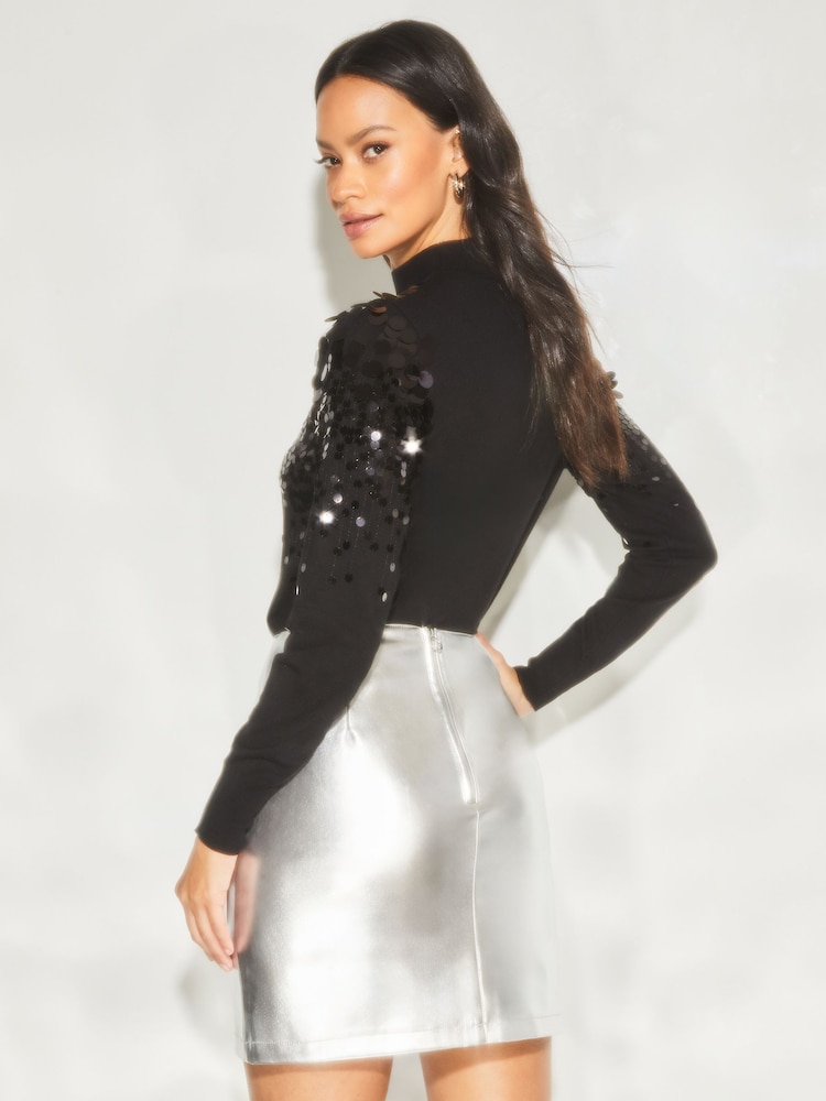 Lipsy Metallic Silver Faux Leather Mini Skirt - Image 2 of 4 Lipsy Metallic Silver Faux Leather Mini Skirt - Image 2 of 4