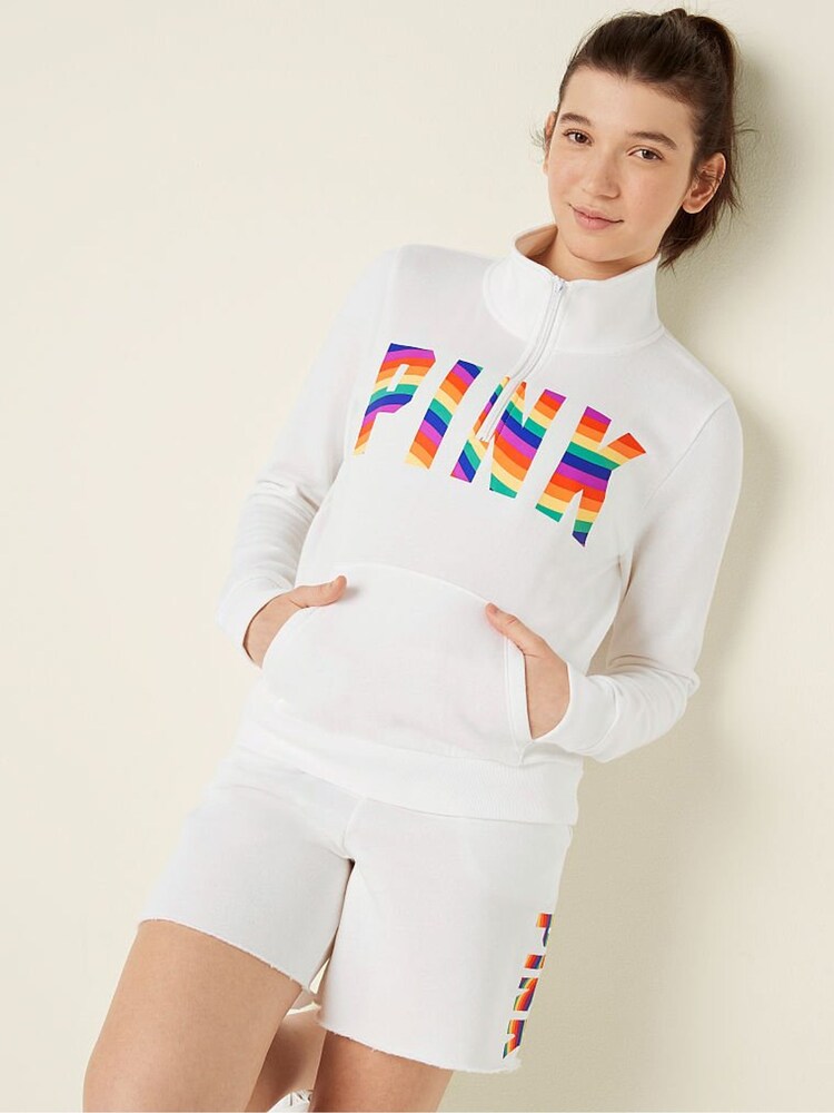 Victoria's Secret PINK Optic White Rainbow Logo Everyday Lounge Perfect QuarterZip Fleece - Image 1 of 4