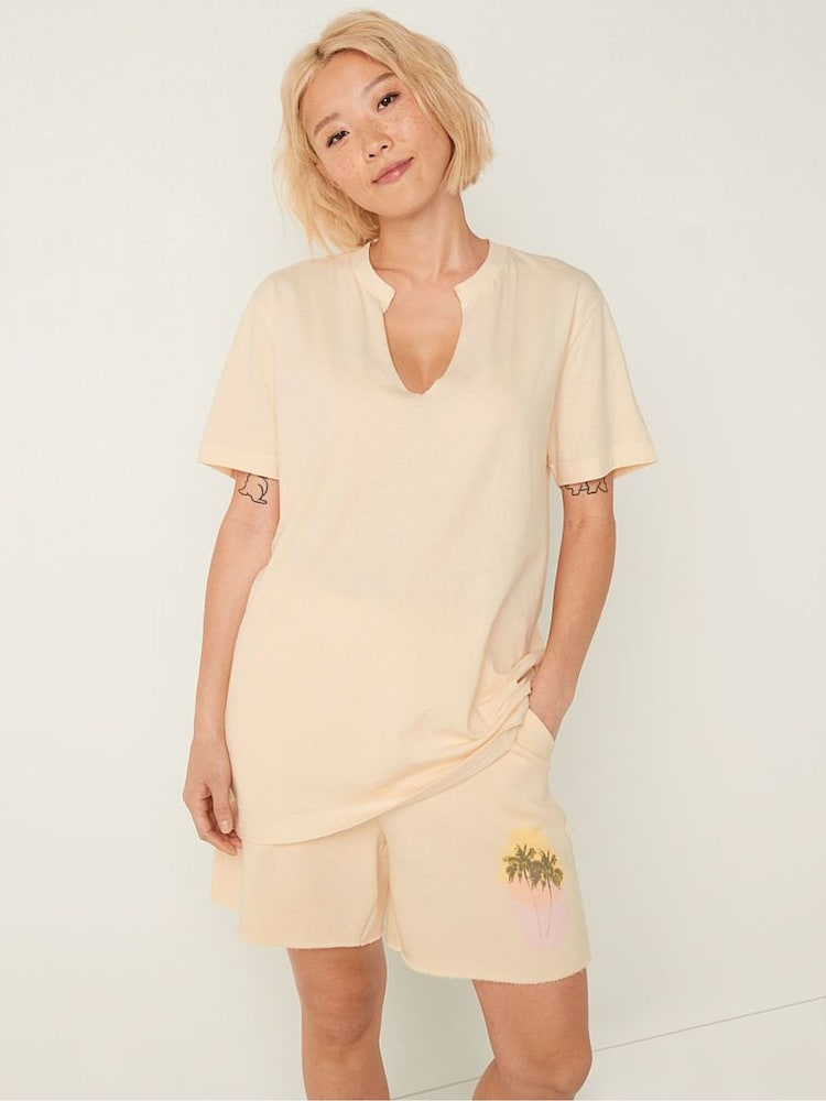 Victoria's Secret PINK Light Ivory Nude Campus Short Sleeve Notch Neck T-Shirt - Image 1 of 4