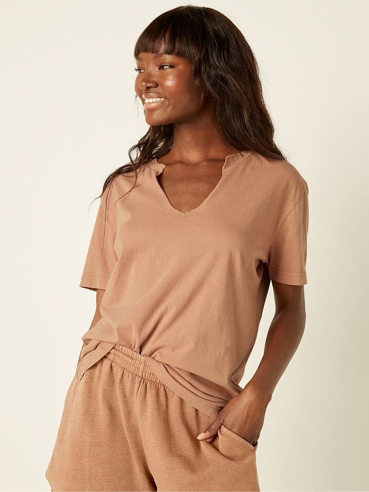 Victoria's Secret PINK Mocha Latte Nude Campus Short Sleeve Notch Neck T-Shirt - Image 1 of 4