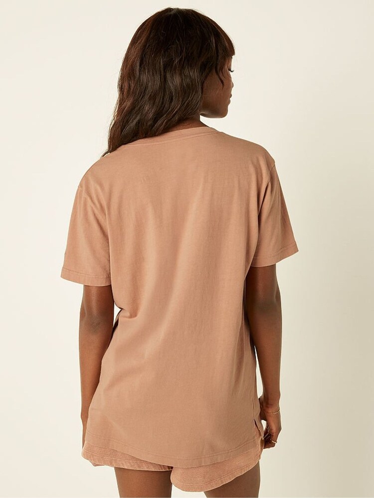 Victoria's Secret PINK Mocha Latte Nude Campus Short Sleeve Notch Neck T-Shirt - Image 2 of 4
