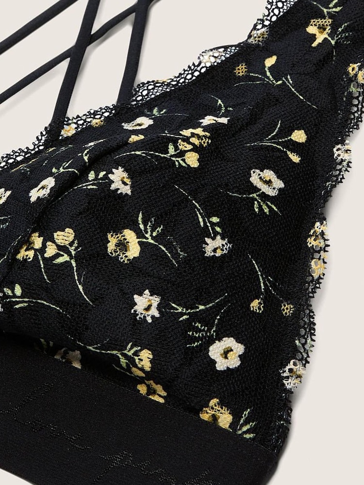 Victoria's Secret PINK Pure Black Floral Lace Strappy Back Halterneck Bralette - Image 4 of 4