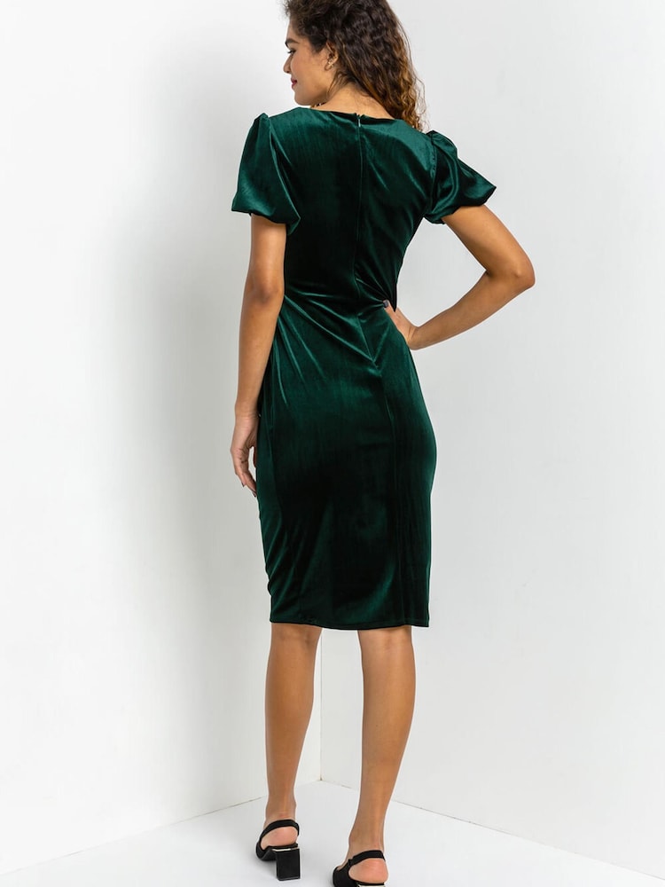 Roman Green Velvet Bubble Sleeve Midi Dress - Image 2 of 4