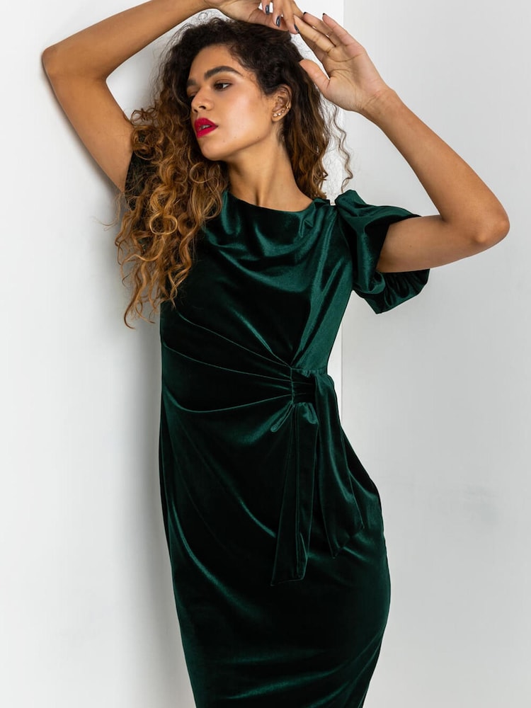 Roman Green Velvet Bubble Sleeve Midi Dress - Image 4 of 4