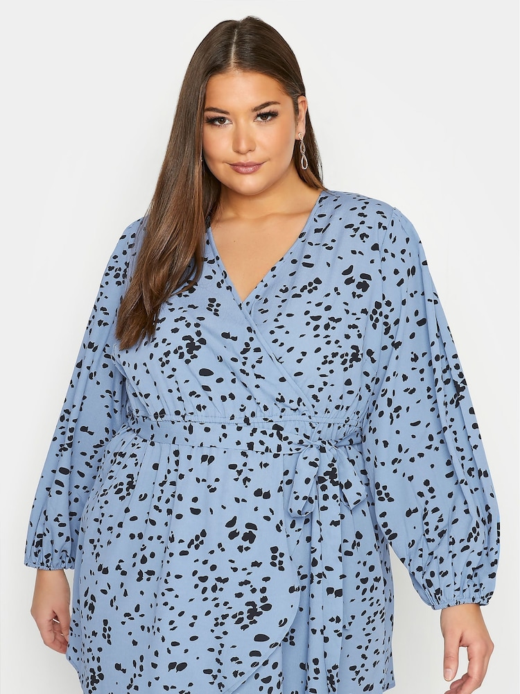 Yours Curve Blue Balloon Long Sleeve Wrap Top - Image 1 of 4