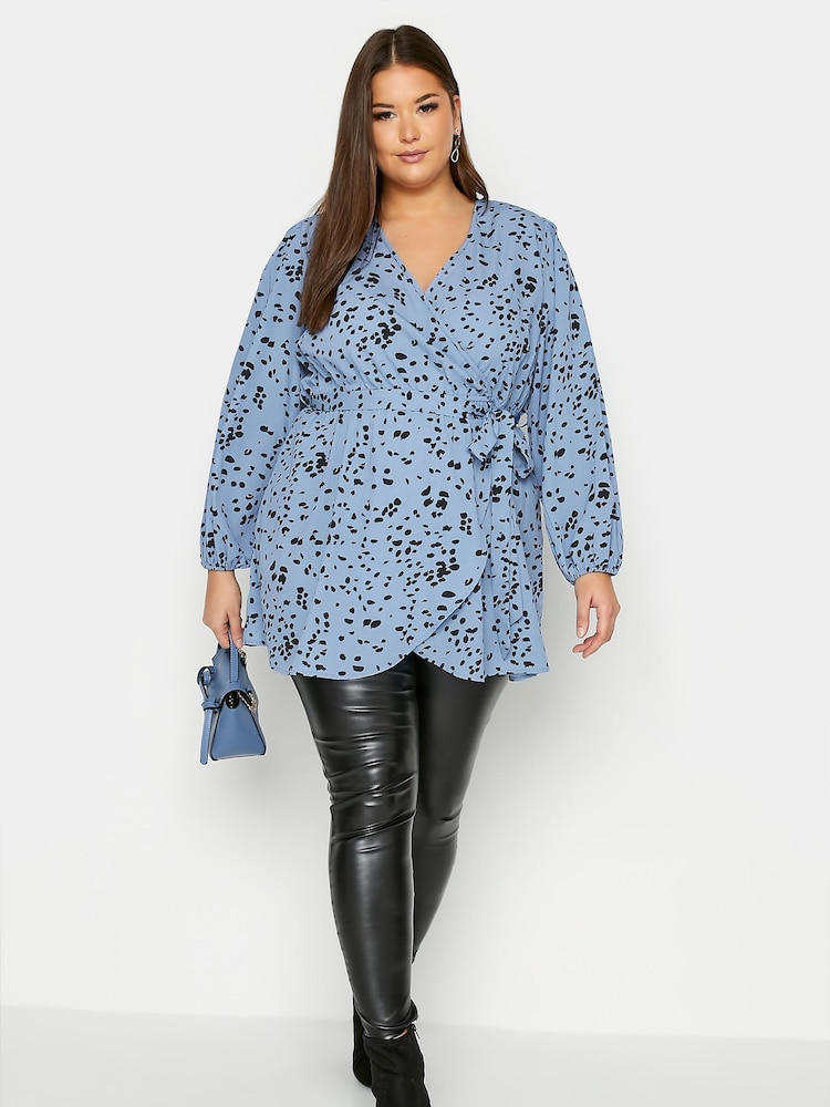 Yours Curve Blue Balloon Long Sleeve Wrap Top - Image 2 of 4 Yours Curve Blue Balloon Long Sleeve Wrap Top - Image 2 of 4