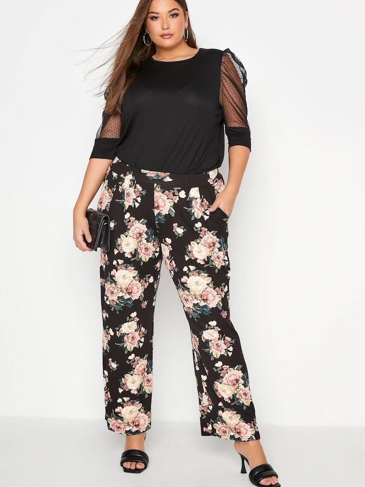 Yours Curve Black Floral Print Double Pleat Wide Leg Trouser - Image 1 of 3