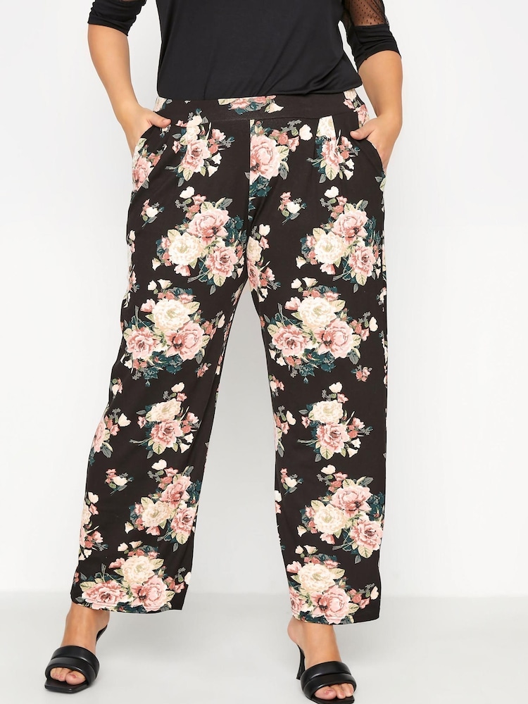 Yours Curve Black Floral Print Double Pleat Wide Leg Trouser - Image 2 of 3