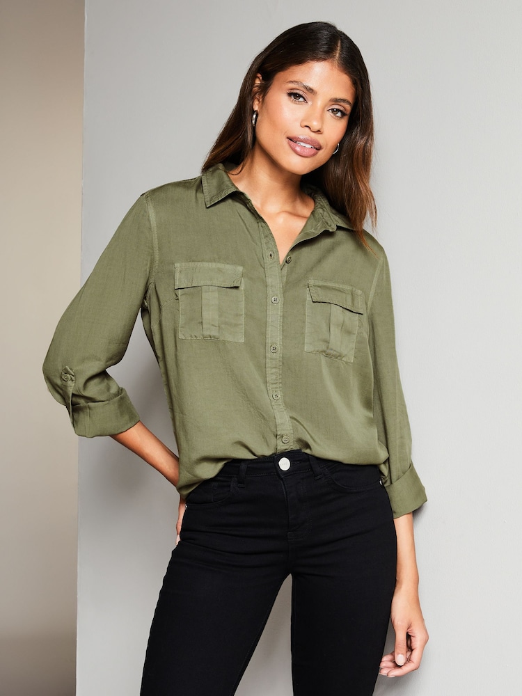 Lipsy Khaki Green Petite TENCEL™ Pocket Shirt - Image 1 of 1 Lipsy Khaki Green Petite TENCEL™ Pocket Shirt - Image 1 of 1