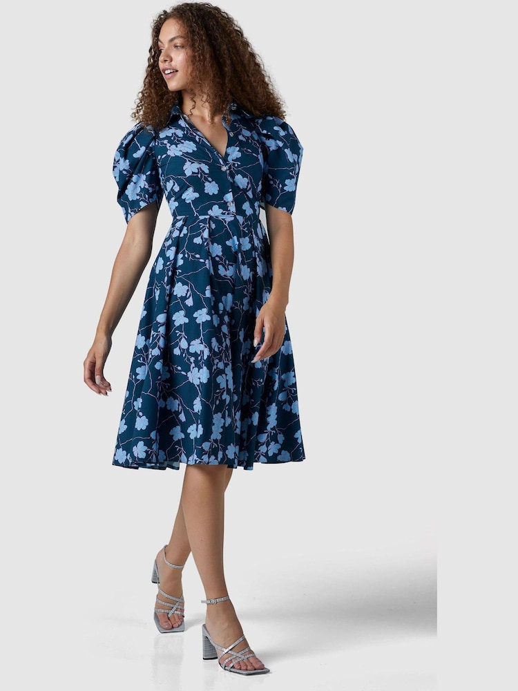 Closet Navy Blue Floral Print London Midi Dress - Image 2 of 5 Closet Navy Blue Floral Print London Midi Dress - Image 2 of 5