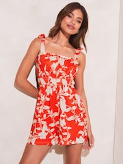 Lipsy Red Bow Strap Ruched Waist Playsuit - Image 1 of 4