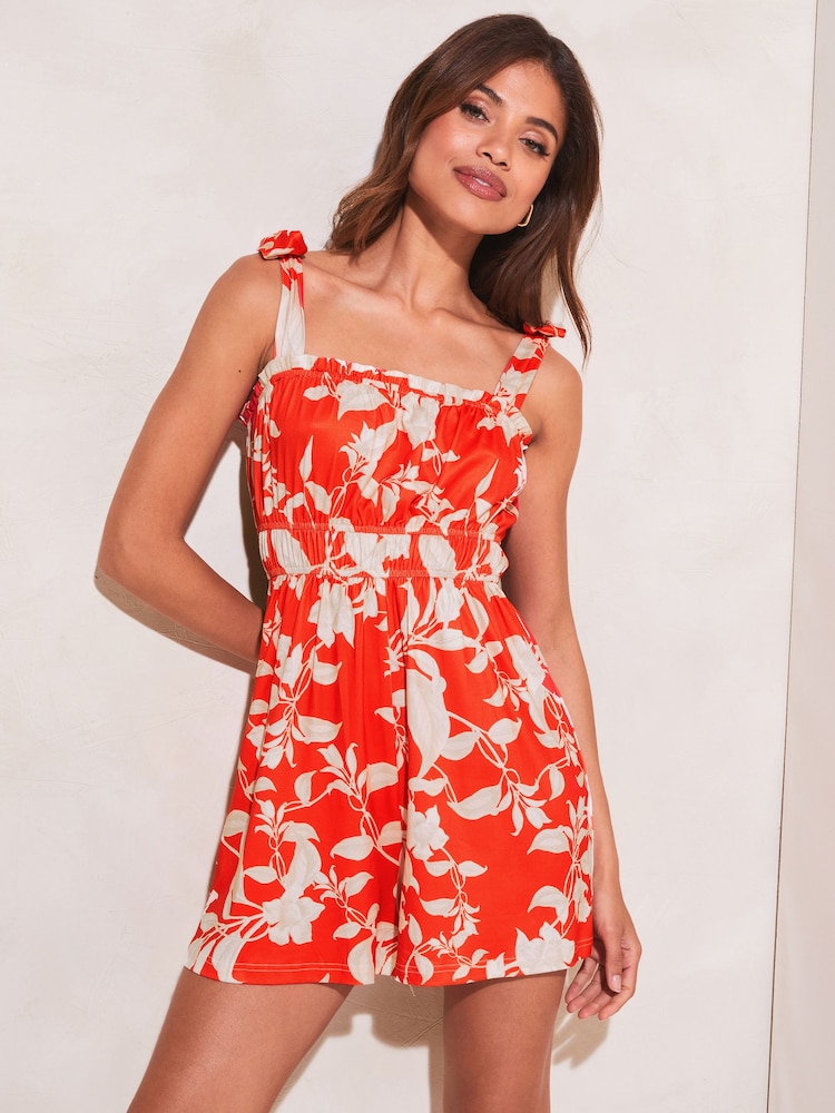 Lipsy Red Bow Strap Ruched Waist Playsuit - Image 1 of 4