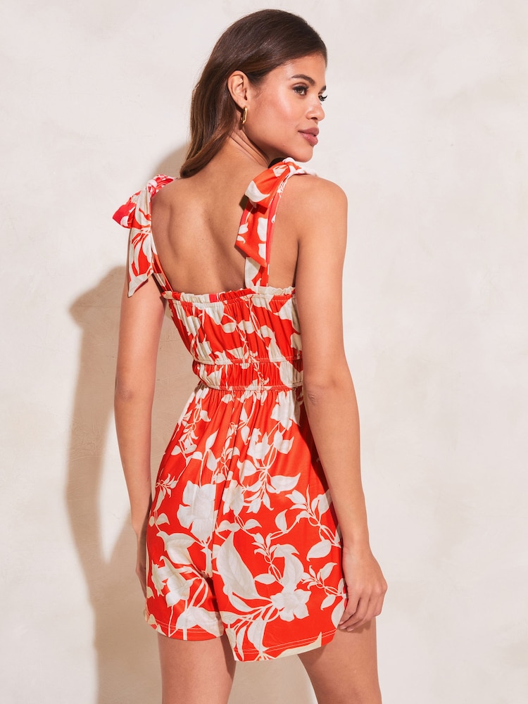Lipsy Red Bow Strap Ruched Waist Playsuit - Image 2 of 4