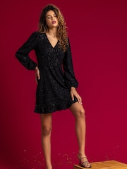 Roman Black Glitter Crepe Frill Hem Dress - Image 5 of 5