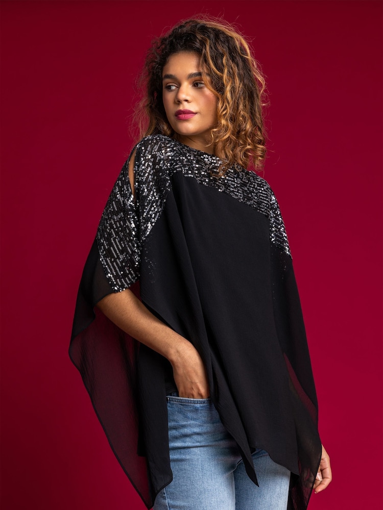 Roman Silver Sequin Embellished Chiffon Overlay Top - Image 1 of 5