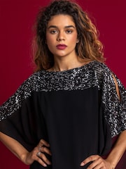 Roman Silver Sequin Embellished Chiffon Overlay Top - Image 4 of 5