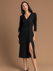 Roman Black Glitter Split Detail Midi Dress - Image 1 of 5