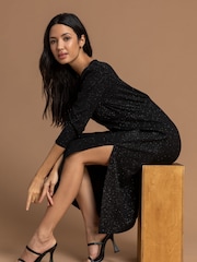 Roman Black Glitter Split Detail Midi Dress - Image 5 of 5