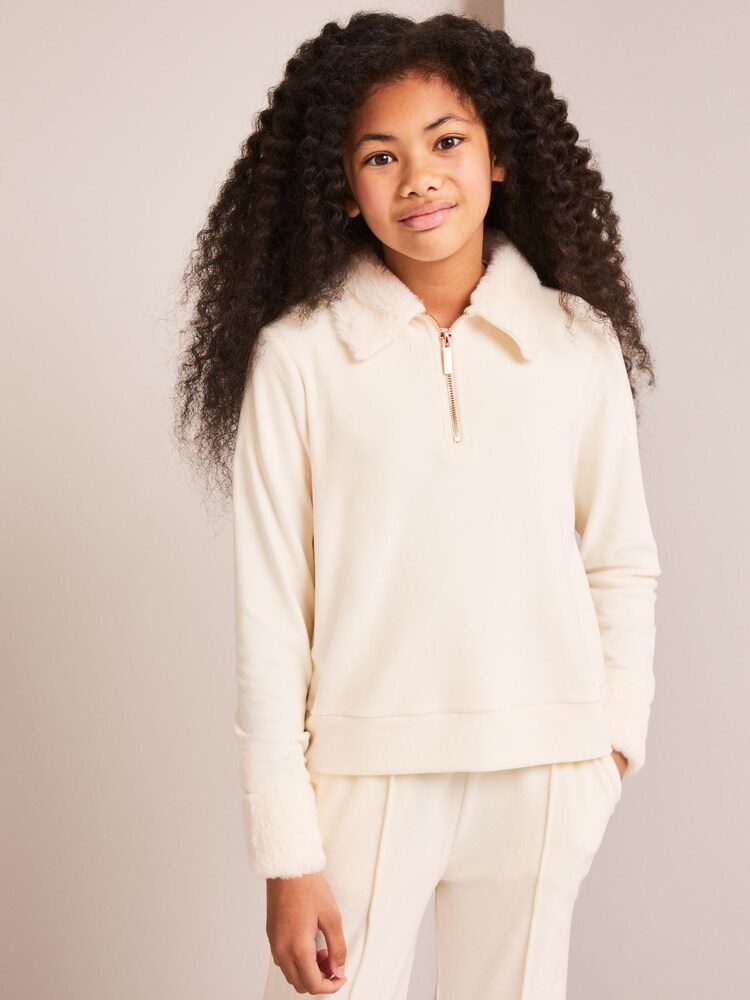 Lipsy Cream Velour Faux Fur Collar Half Zip Sweatshirt - Image 1 of 4