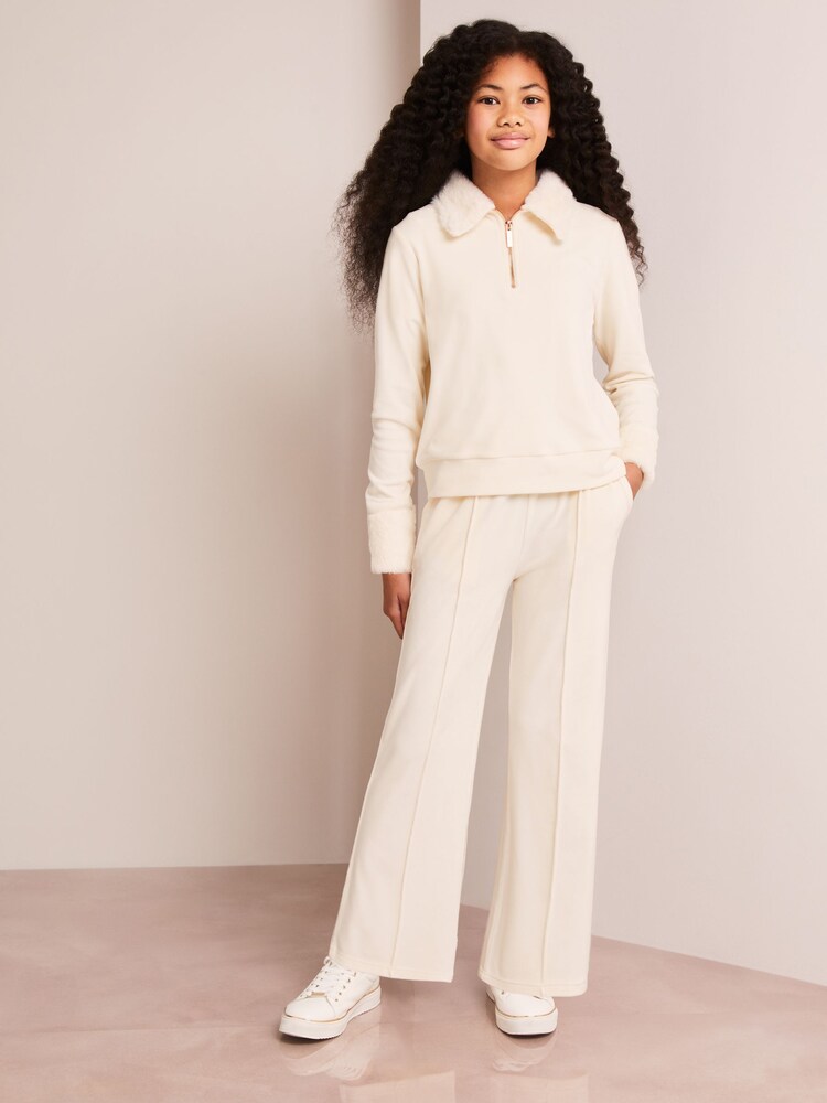 Lipsy Cream Velour Faux Fur Collar Half Zip Sweatshirt - Image 2 of 4