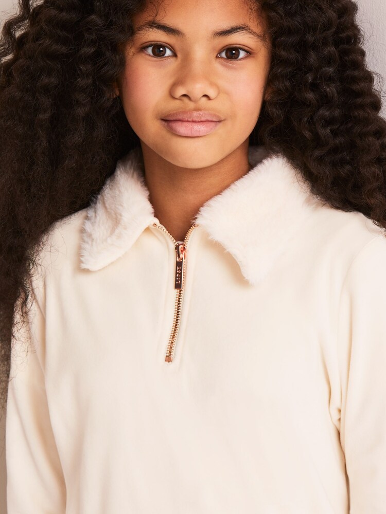 Lipsy Cream Velour Faux Fur Collar Half Zip Sweatshirt - Image 4 of 4